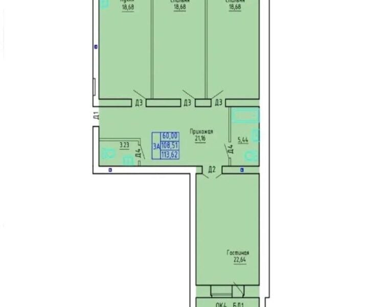 3-комнатная квартира, 114 м²