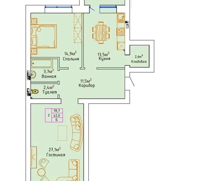 2-комнатная квартира, 79 м²